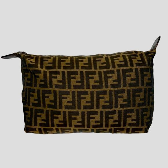 Fendi FF Zucca Print Cosmetic Pouch Clutch Bag Leather Accents - Picture 2 of 16